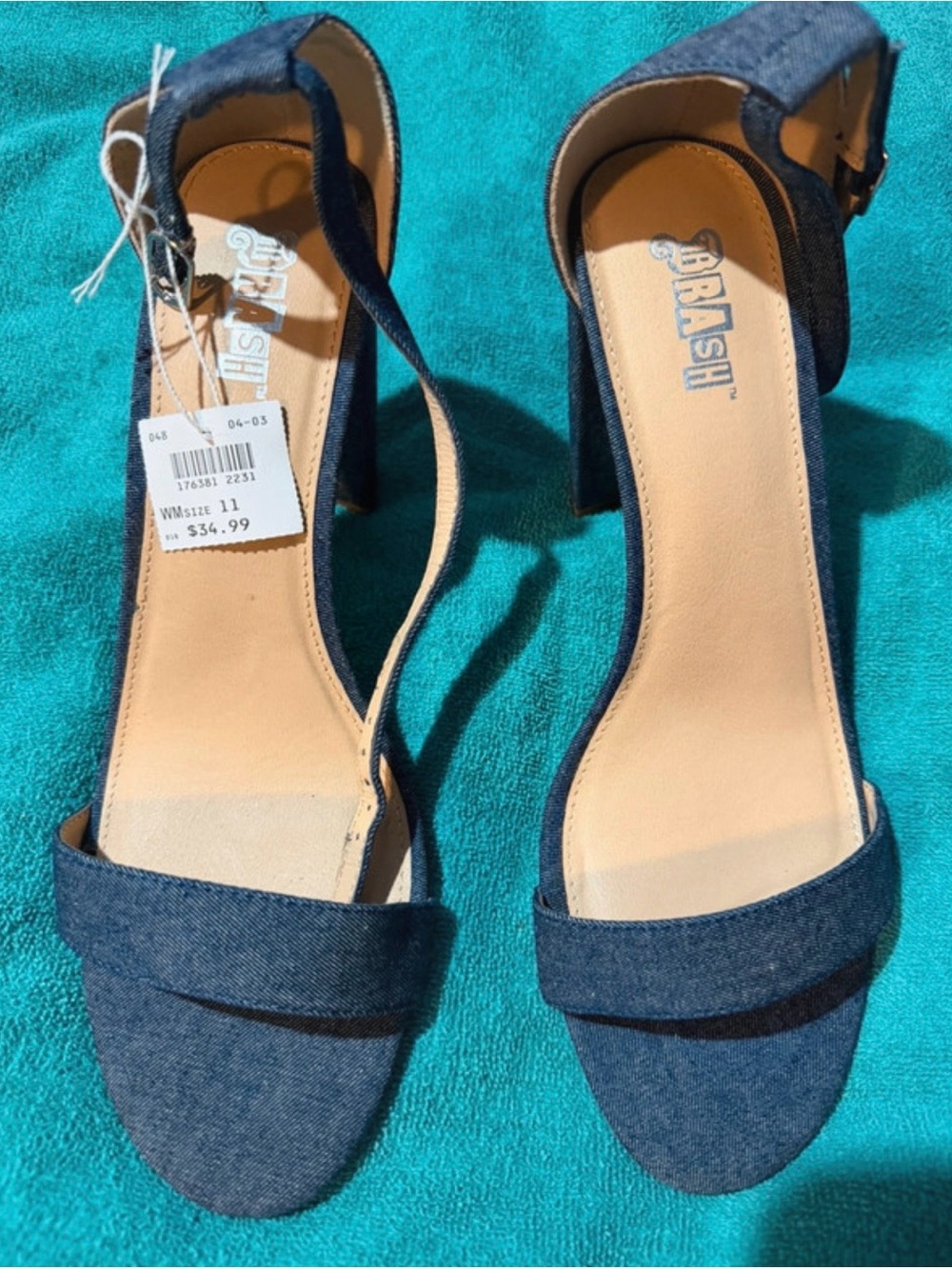 Brash Denim Open-Toe Ankle-Strap Block Heels - Dark Blue